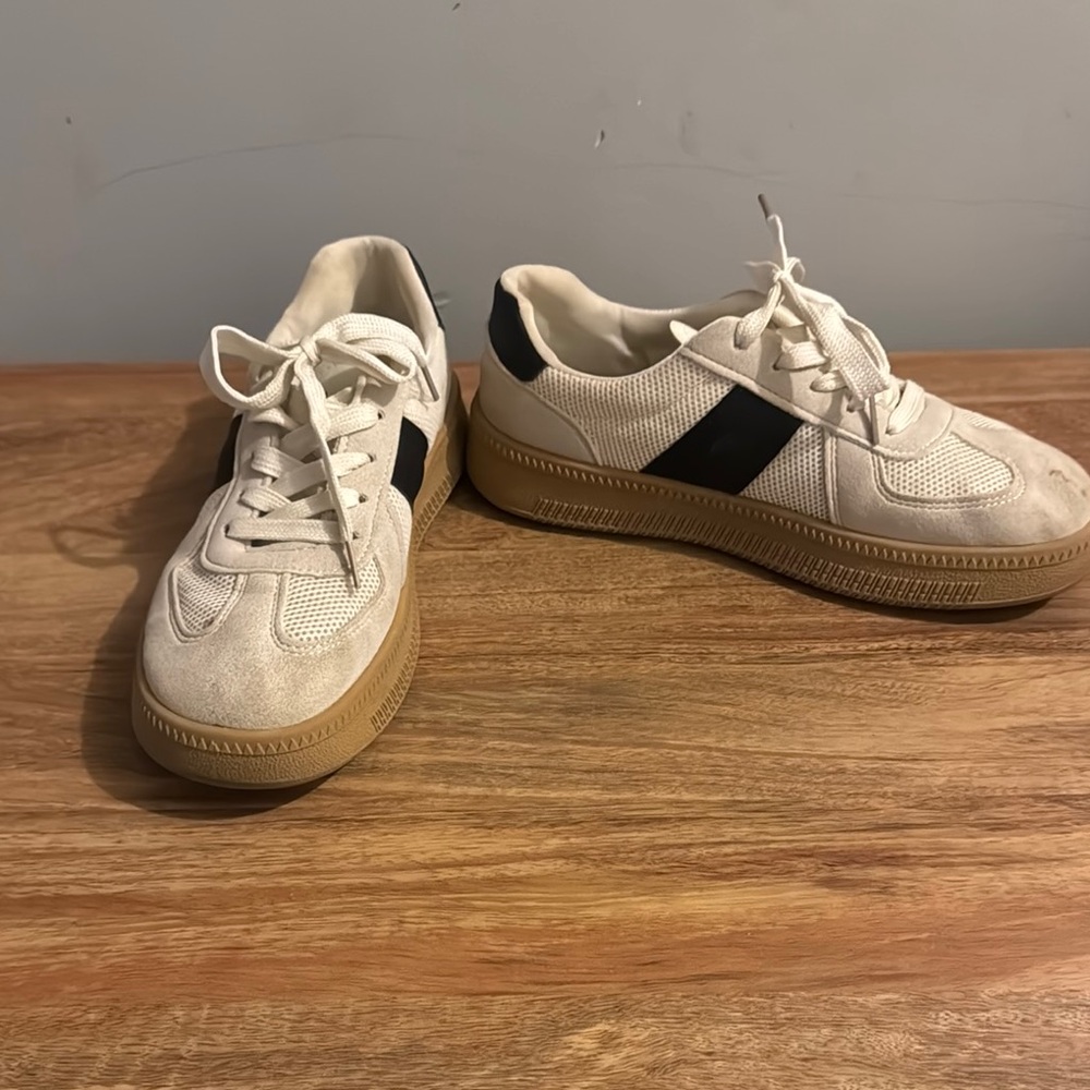 White and Black Sneakers with Tan Soles
